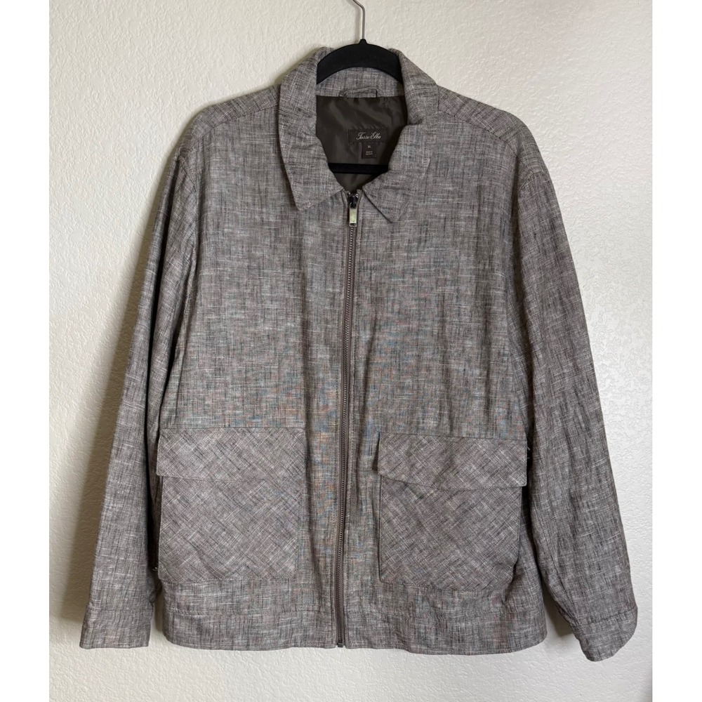 Tasso Elba Men XL Full Zip Jacket Brown Tan Linen  Blend Textured Pockets Preppy